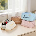 Personalised Name Flower Multi-Compartment PU Leather Makeup Bag with Name Travel Essentials Birthday Gift for Sisters Friends