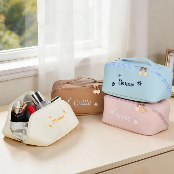 Personalised Name Flower Multi-Compartment PU Leather Makeup Bag with Name Travel Essentials Birthday Gift for Sisters Friends