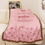 Personalised Hand-Painted Flowers Soft Tassel Throw Blanket with Names and Year Home Decor Mother's Day Birthday Gift for Mom Grandma