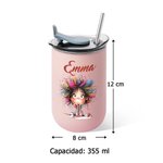 Vaso térmico personalizado 355 ml con nombre y diseño de chica original con tapa abatible y pajita regalo de cumpleaños y fiestas para mujeres y niñas