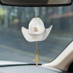 Personalized Cowboy Hat Zircon Initial Virgin Mary Cross Car Charm Rear View Mirror Decor Communion Baptism Religious Gift for Christians Drivers
