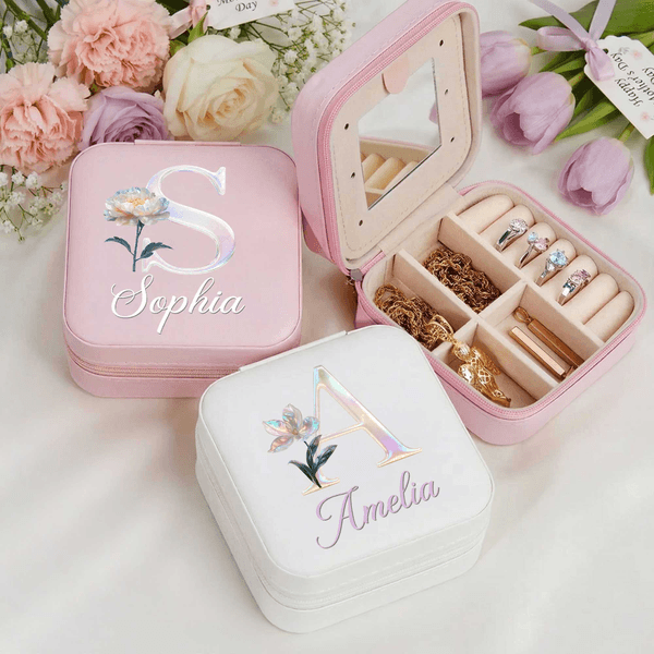 Personalized Mother of Pearl Effect Birth Flower PU Leather Jewelry Box with Name Mother's Day Birthday Wedding Gift for Mom Bridesmaid Woman