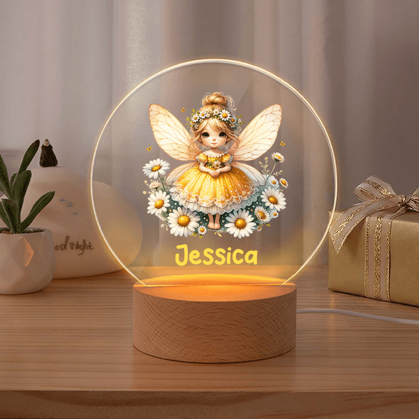 Personalized Birth Flower Fairy LED Night Light with Name and Wooden Base Room Decor Birthday Gift for Girls