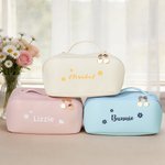 Personalised Name Flower Multi-Compartment PU Leather Makeup Bag with Name Travel Essentials Birthday Gift for Sisters Friends
