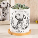 Personalised Pet Portrait Photo Ceramic Plant Pot with Bamboo Base and Name Birthday Gift for Pet Lover Owner