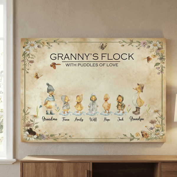 Personalized Cute Duck Flock Watercolor Canvas Paints with Name Ship from USA Wall Art Home Decor Mother's Day Gift for Grandparents