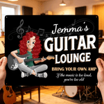 Personalizzato Chitarra Personaggio dei cartoni animati Pittura di latta con nome Home Decor Regalo di compleanno per l'amante della chitarra