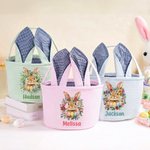 Cestino pasquale personalizzato con nome e orecchie da coniglietto, attività di caccia all'uovo per bambini.