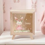Personalized Cute Floral Bunny Bear Animals Wooden Clear Money Box Piggy Bank with Name Room Decor Birthday Gift for Girls Kids