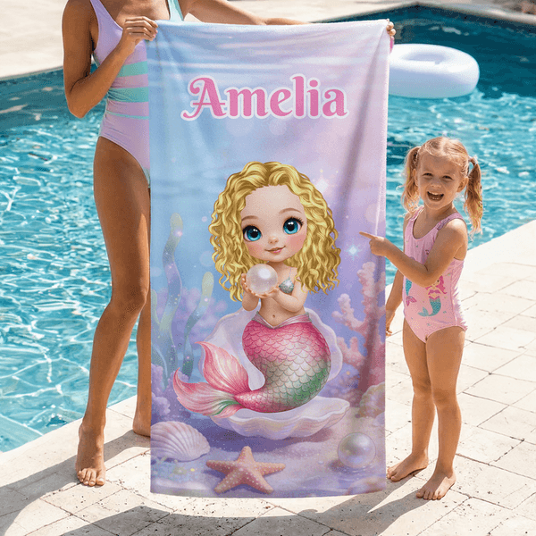 Personalized Cute Cartoon Mermaid Oversized Quick Dry Beach Towel with Name Summer Vacation Birthday Gift for Girls