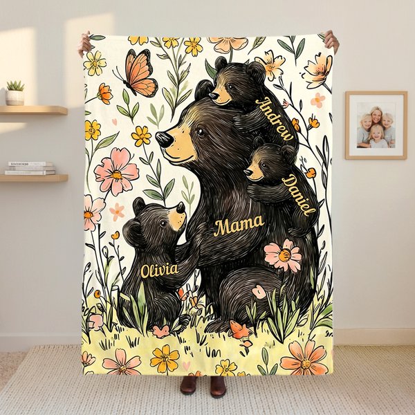Personalisierte Decke mit Bärenmutter und 1–5 Babybären | mit Blumenmotiv und Namen |  weiche Wohndecke | Muttertag Geburtstag Geschenk für Mama Oma