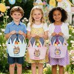 Cestino pasquale personalizzato con nome e orecchie da coniglietto, attività di caccia all'uovo per bambini.