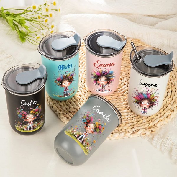 Vaso térmico personalizado 355 ml con nombre y diseño de chica original con tapa abatible y pajita regalo de cumpleaños y fiestas para mujeres y niñas