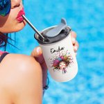 Vaso térmico personalizado 355 ml con nombre y diseño de chica original con tapa abatible y pajita regalo de cumpleaños y fiestas para mujeres y niñas