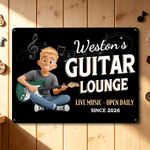 Personalizzato Chitarra Personaggio dei cartoni animati Pittura di latta con nome Home Decor Regalo di compleanno per l'amante della chitarra