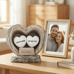 Personalised First Kiss Wood Texture Heart Pattern Acrylic Ornament with Name and Date Desk Decor Anniversary Birthday Gift for Couples