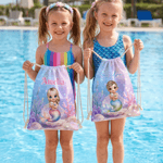 Personalised Cute Cartoon Mermaid Drawstring Bag with Name Summer Vacation Birthday Gift for Girls