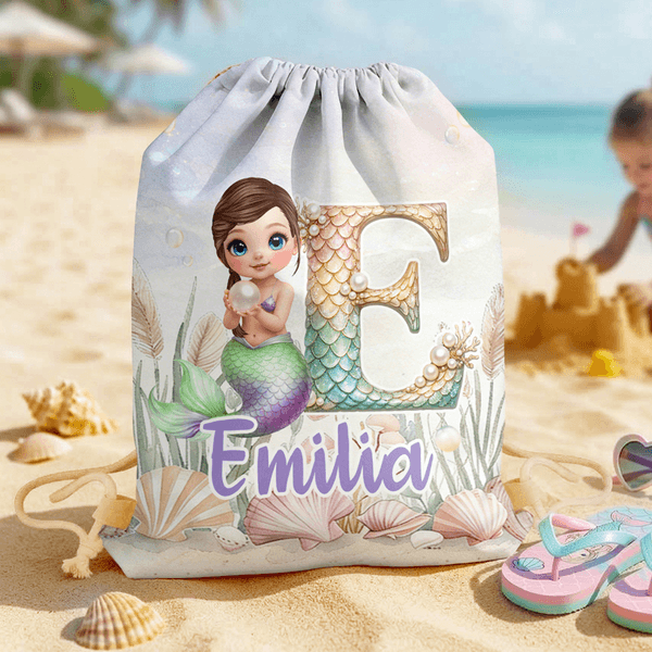 Personnalisé Cartoon Mermaid Character Initial Drawstring Bag with Name Outdoor Activities Beach Party Birthday Gift for Girls Besties Family