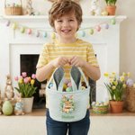 Cestino pasquale personalizzato con nome e orecchie da coniglietto, attività di caccia all'uovo per bambini.