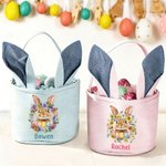 Cestino pasquale personalizzato con nome e orecchie da coniglietto, attività di caccia all'uovo per bambini.
