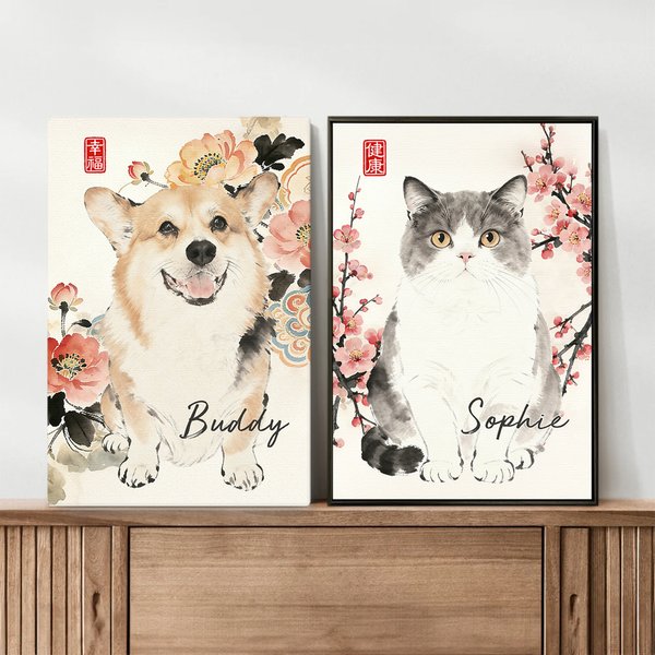 Personalised Chinese Ink-Wash Style Pet Photo Canvas Poster Frameless Framed Painting Room Decor Birthday Gift for Friend Pet Owner