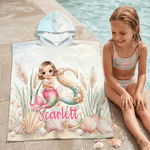 Gepersonaliseerd zeemeermin-karakter initiaal sneldrogend badlaken met capuchon en naam voor buitenactiviteiten strandfeest verjaardagscadeau voor meisjes familie