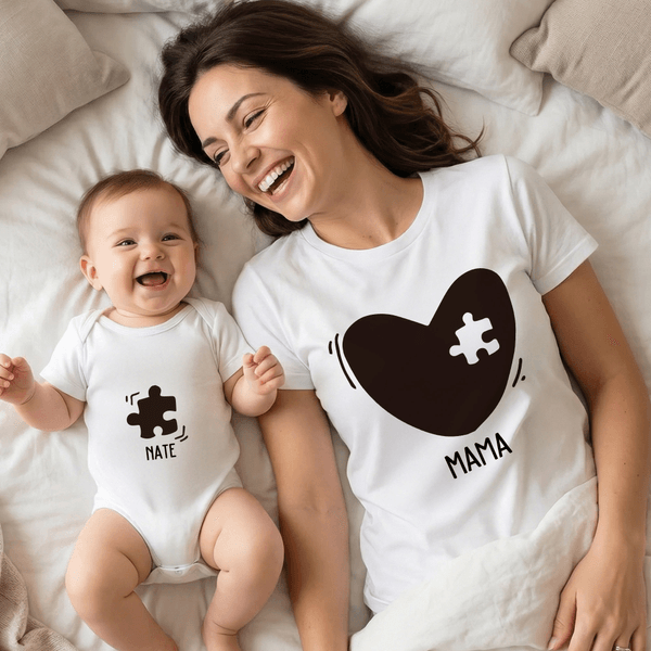 Personalized Heart Puzzle 100% Cotton Baby Bodysuit T-shirt Matching Outfit with Name and Title Mother's Day Birthday Gift for Newborn New Mom