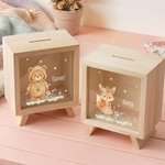 Personalized Cute Floral Bunny Bear Animals Wooden Clear Money Box Piggy Bank with Name Room Decor Birthday Gift for Girls Kids