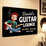 Personalizzato Chitarra Personaggio dei cartoni animati Pittura di latta con nome Home Decor Regalo di compleanno per l'amante della chitarra