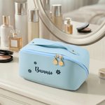 Personalised Name Flower Multi-Compartment PU Leather Makeup Bag with Name Travel Essentials Birthday Gift for Sisters Friends