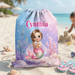 Personalised Cute Cartoon Mermaid Drawstring Bag with Name Summer Vacation Birthday Gift for Girls