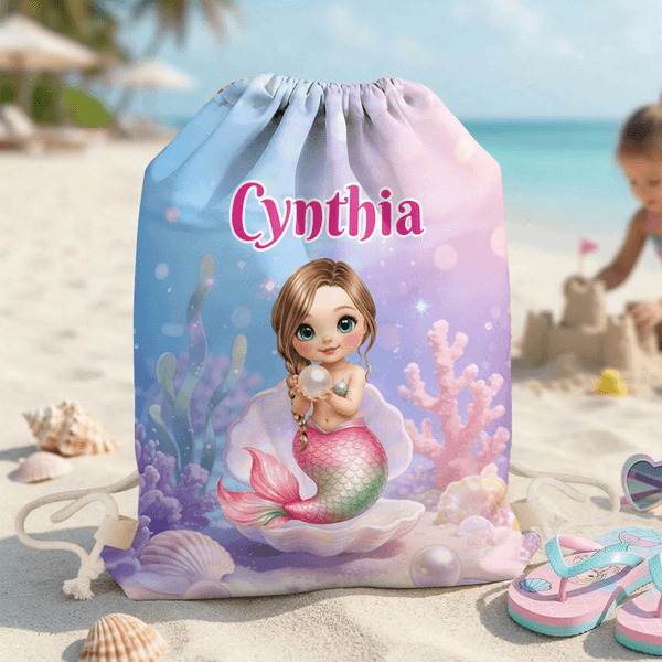 Personalised Cute Cartoon Mermaid Drawstring Bag with Name Summer Vacation Birthday Gift for Girls