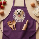 Personalized Cute Pet Photo Checkerboard Imitation Embroidery Effect Apron with Name Birthday Gift for Pet Lovers