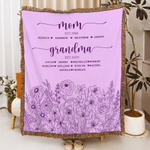 Personalised Hand-Painted Flowers Soft Tassel Throw Blanket with Names and Year Home Decor Mother's Day Birthday Gift for Mom Grandma