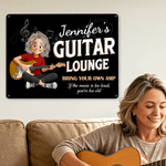 Personalizzato Chitarra Personaggio dei cartoni animati Pittura di latta con nome Home Decor Regalo di compleanno per l'amante della chitarra