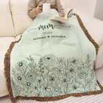Personalised Hand-Painted Flowers Soft Tassel Throw Blanket with Names and Year Home Decor Mother's Day Birthday Gift for Mom Grandma