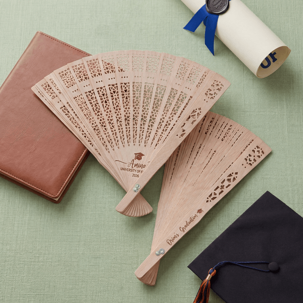 Personalized Vintage Hollowed Sandalwood Folding Fan with Name and Year Graduation Party Gift for Graduates