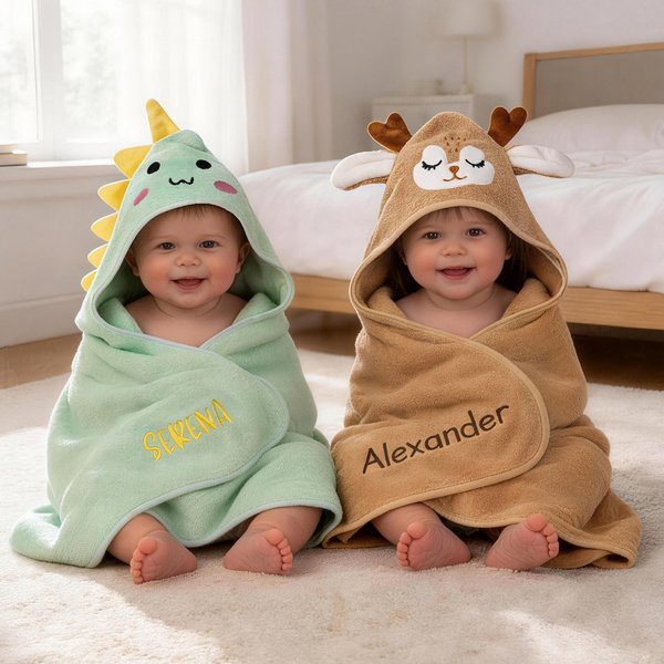 Serviette de bain à capuche personnalisée avec nom brodé d'un animal mignon pour la piscine. Cadeau d'anniversaire pour nouveau-né.