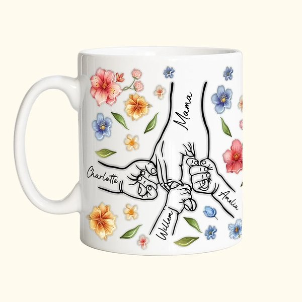 Gepersonaliseerde Keramische Mok met Naam Waterverfbloemen en 1 tot 9 Handjes Moederdag- en Verjaardagscadeau voor Mama en Oma