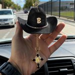 Personalized Cowboy Hat Zircon Initial Virgin Mary Cross Car Charm Rear View Mirror Decor Communion Baptism Religious Gift for Christians Drivers