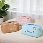 Personalised Name Flower Multi-Compartment PU Leather Makeup Bag with Name Travel Essentials Birthday Gift for Sisters Friends