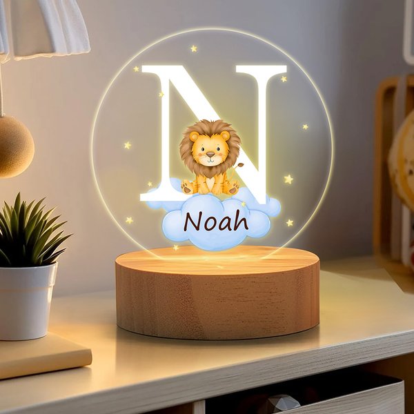 Personalised Fantasy Star Cloud Cute Forest Animal Initial Name LED Night Light with Wooden Base Nursery Decor Birthday Baby Shower Gift for Kids