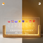 Personalised Birth Flower Rectanglar Acrylic LED Night Light with 1-12 Names Title Text and Wooden Base Mother's Day Gift for Mom Grandma