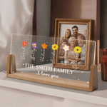 Personalised Birth Flower Rectanglar Acrylic LED Night Light with 1-12 Names Title Text and Wooden Base Mother's Day Gift for Mom Grandma