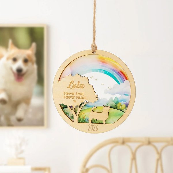 Personalisierter Regenbogenbrücke-Holz-Anhänger für Hund oder Katze | mit Namen und Jahr | Haustierverlust Gedenk-Geschenk für Tierliebhaber