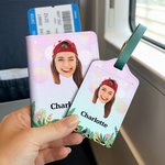 Personalized Face Photo Floral PU Leather Luggage Tag Passport Holder with Name Daily Use Birthday Travel Gift for Travel Lovers Friends Besties