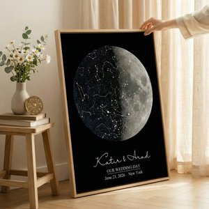 Personalised Star Map Moon Phase Giclee Canvas Prints Home Decor Anniversary Wedding Gift for Couple