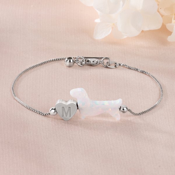 Personalised Heart-Shaped Initial Bead Opal Dachshund Bracelet Birthday Memorial Gift for Dog Owners Lovers