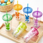 Personalized Cute Bunny Silhouette Name 16 oz Reusable Plastic Water Cup with Lid and Straw Easter Birthday Gift for Children