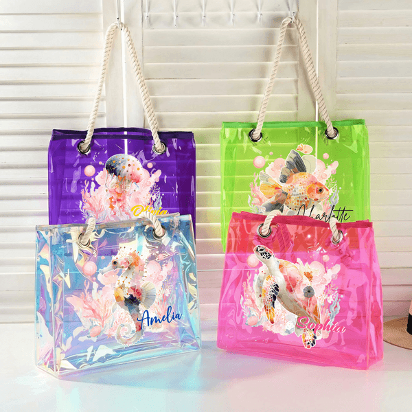Personalized Watercolour Sea Animal Waterproof Transparent Tote Bag with Name Travel Essentials Mother's Day Birthday Beach Party Gift for  Woman